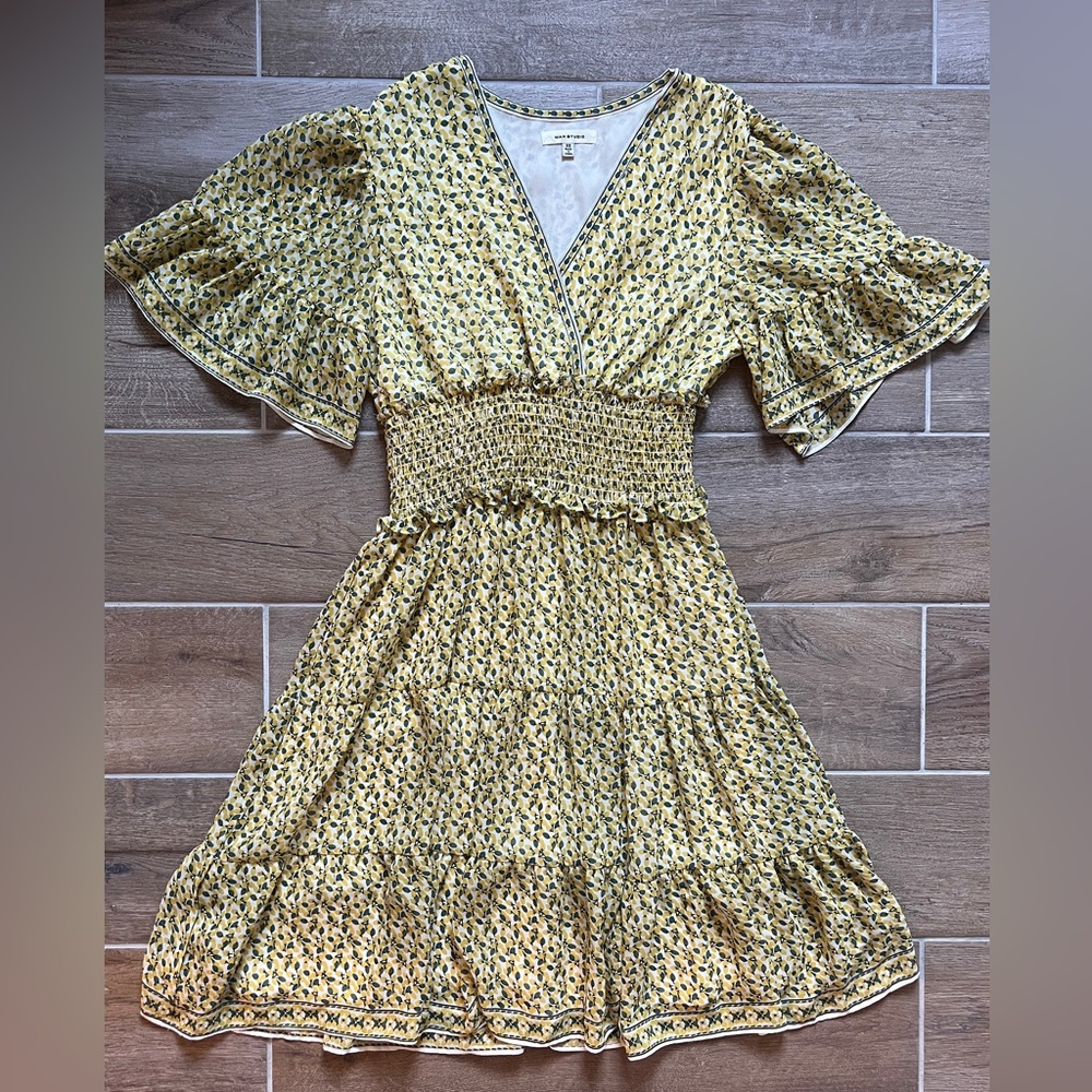 Max Studio Yellow and White Ruched Tiered Sundress